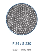 Rundt blæsemiddel, shot, F34/S230, LAV-KUL, størrelse ø 0,60-0,90 mm