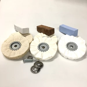 Polersæt med ø 100 mm sisalskive, pudseskive og glinseskive samt voks, 1 stk. til hvert trin samt 6 mm skaft/opspændingsdorn.